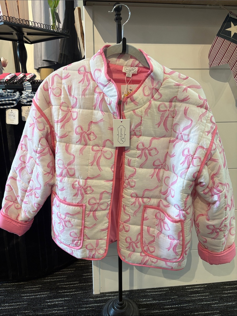 Mud Pie White Quilted Jacket with Pink Bow Print
